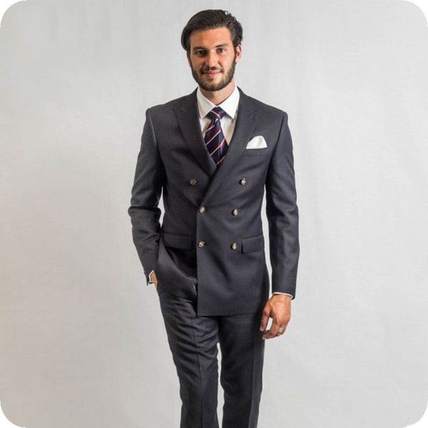 

peaked lapel gray men suits double breasted slim fit man blazer formal male business jacket custom made costume homme 2piece coat pants, Black;gray
