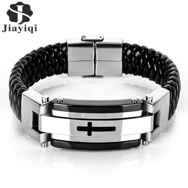 

jiayiqi punk cross stainless steel braided cuff leather bracelets men woven bangle for men jewelry christmas gift 2016 c19041703, Golden;silver