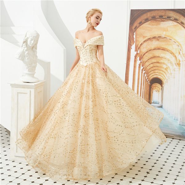

vestido de festa 2020 champagne shiny fabric ball gown prom dress off the shoulder lace up back sequined formal evening party gowns, Black