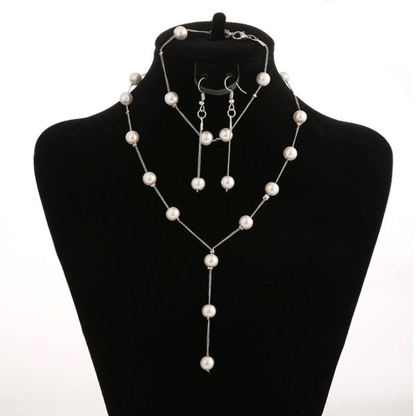 

new fashion simple sweet elegant pearl necklaces bracelets earrings 3pcs sets bride wedding accessories for women jewelry, Black