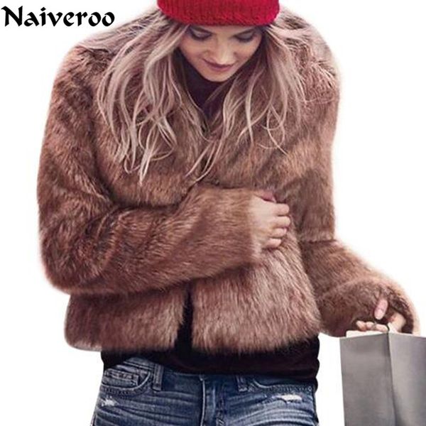 

women's fur & faux artificial coats women autum winter collarless long sleeve jackets overcoat v-neck pink brown white short, Black