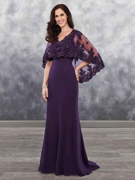 Elegantes dunkelviolettes Kleid für die Brautmutter aus Chiffon mit Bolero-Applikation, glänzende Pailletten, Spitzen-Chiffon, Hochzeitsgastkleid