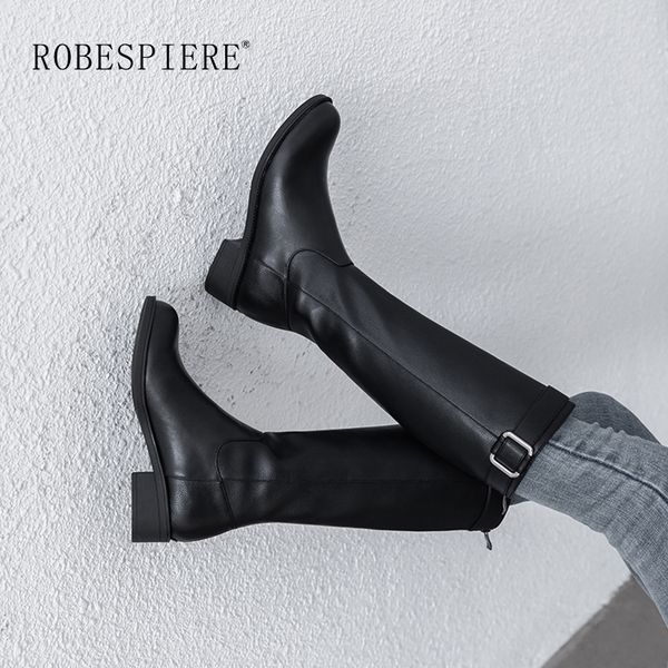 

robespiereb 2019 knee high boots women winter waterproof warm plush cow leather shoes woman metal decoration boots b44, Black