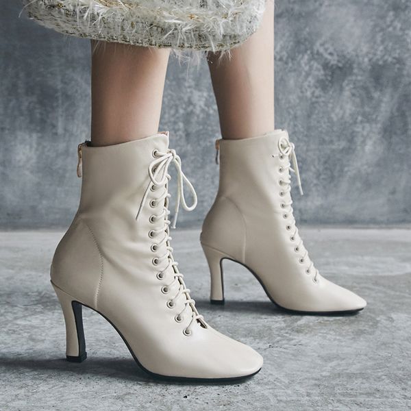 

women ankle boots woman shoes cow genuine leather high thin heels zipper square toe cross tied 2018 sb164, Black