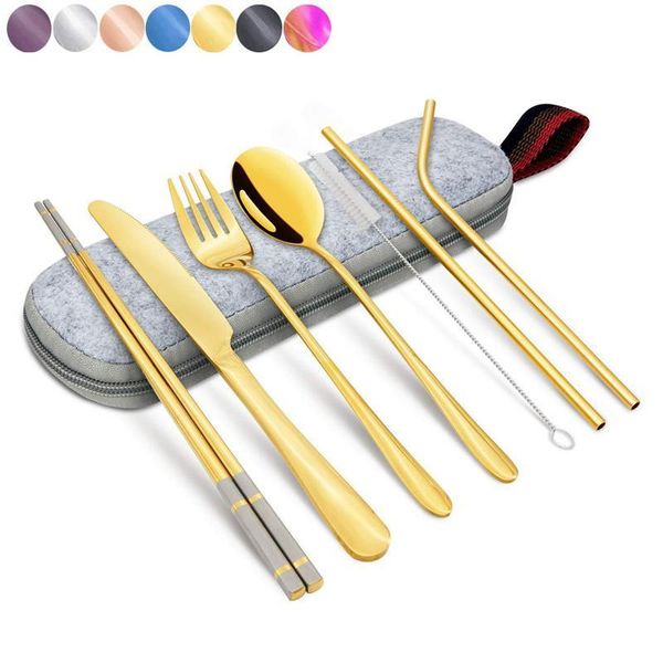 

stainless steel straw set spoon fork chopsticks camping travelling cutlery set portable reusable straw spoon fork brusher set