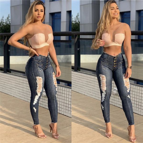 

hole women designer jeans slim skinny high waist breasted elasticity pencil pants fashion women jeans, Blue