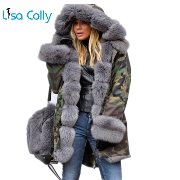 

lisa colly plus size women winter jacket with hooded overcoat cotton coat faux fur coat jacket warm parka women thick furs, Black