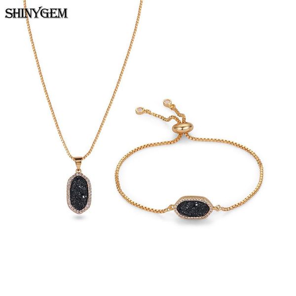 

wholesale 10 colors sparkling druzy natural gem stone jewelry set gold plating chain necklace bracelet jewelry set for women 2019, Silver