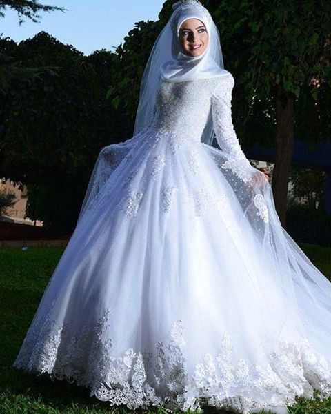 

muslim long sleeve wedding dresses 2019 new custom court train applique beaded a-line high neck lace bridal gowns vestidos de noiva w732, White