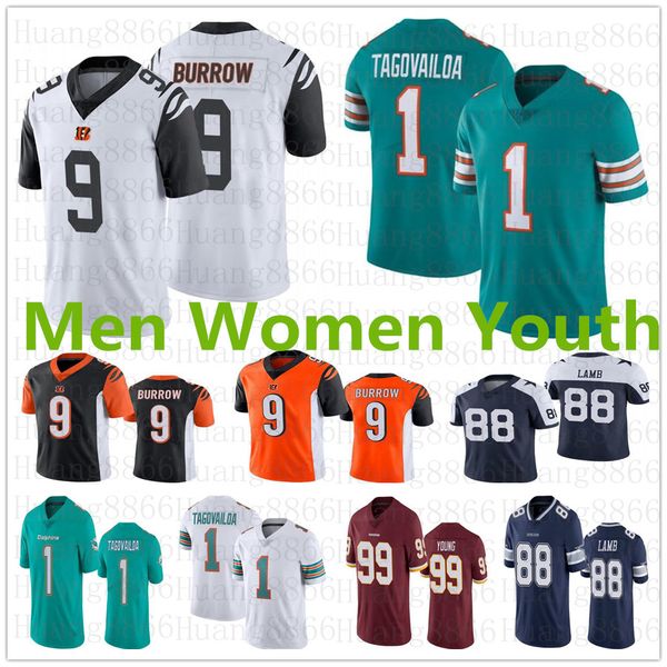 

men women kid 9 joe burrow 1 tua tagovailoa chase young 88 ceedee lamb jersey cincinnati bengal miami dolphin redskin, Black;red