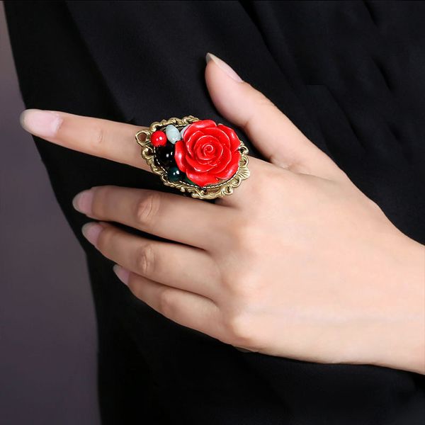 

tjp chinese style red rose ring index finger big ring retro ethnic style ornament female, Slivery;golden