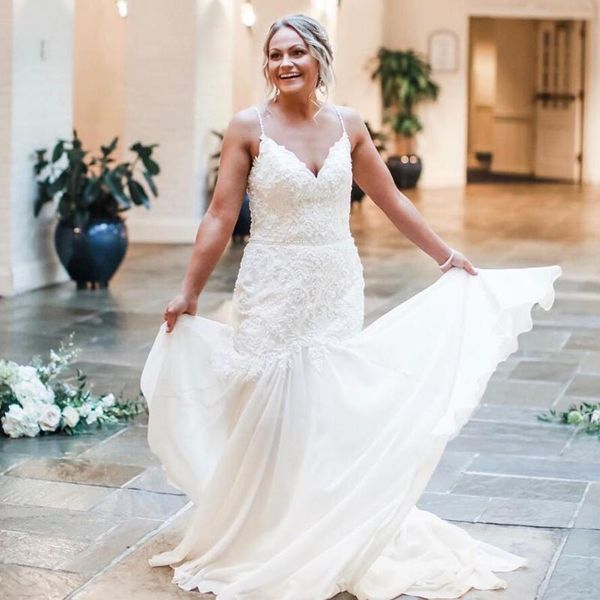 

african mermaid wedding dresses 2020 spaghetti backless sweep train appliques beads garden bridal gowns vestidos de novia plus size b11, White