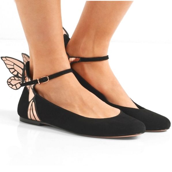 

new women back butterfly wings flats pointed toe suede leather one strap angle wings leisure shoes, Black