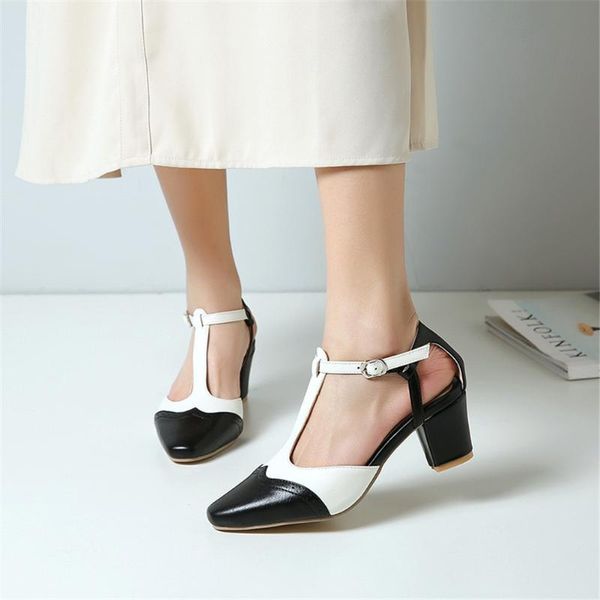 

sarairis square heels big size 46 women's shoes summer t-strap sandals woman, Black