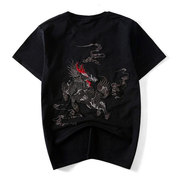 

summer new style national trends chinese-style kirin embroidered loose-fit lard-bucket pure cotton half sleeve t-shirt social sh, White;black
