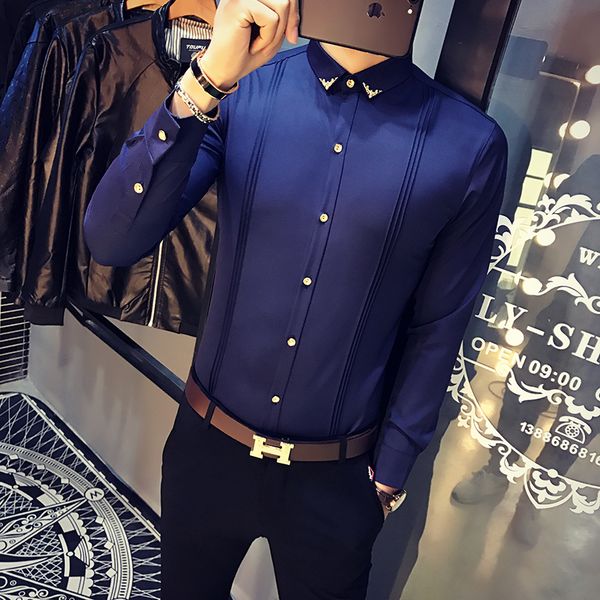 

brand men's formal shirt korean slim fit tuxedo shirts male long sleeve red black white casual shirts camisa masculina, White;black