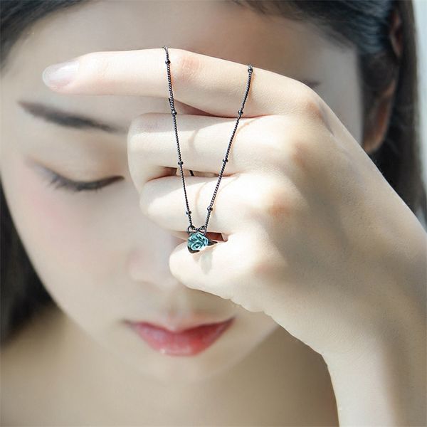 

vintage original design thorny rose necklaces pendants clavicle chain women black gold plated s925 sterling silver fine jewelry
