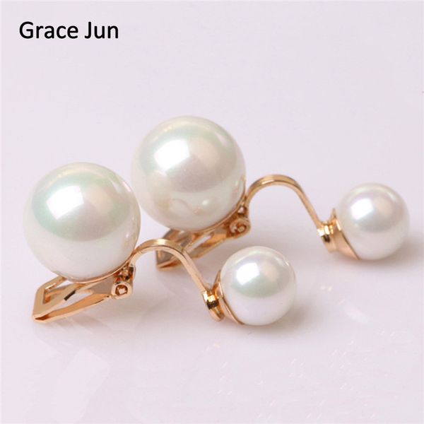 

grace jun 2 colors new double simulated pearl clip on earring without piercing for women wedding bridal earring 8mm&12mm, Silver