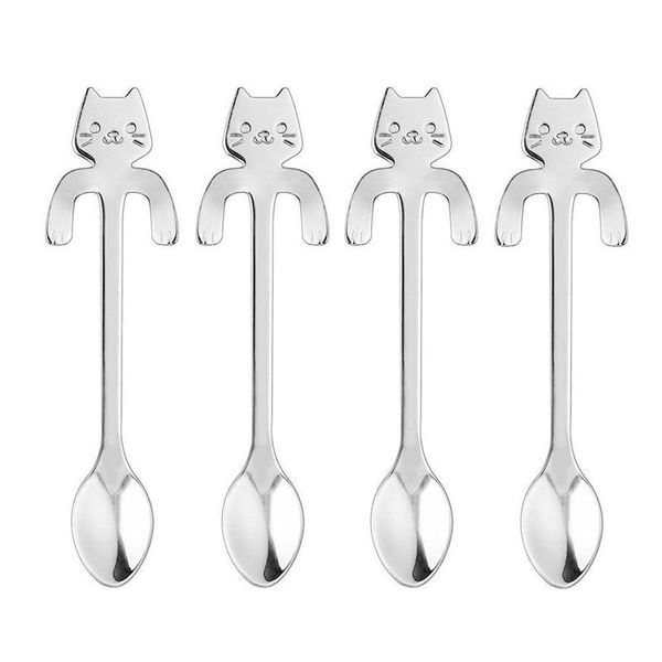 

cute cat shape cafe, tea, sugar and cake 4 x stainless steel spoons (silver
