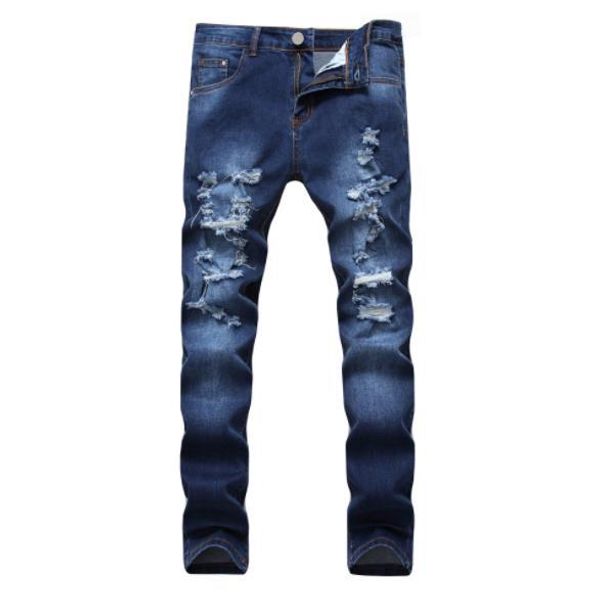 

high-elastic mens jeans hole stretch dark blue slim locomotive jeans street mens pop designer fashion jeans