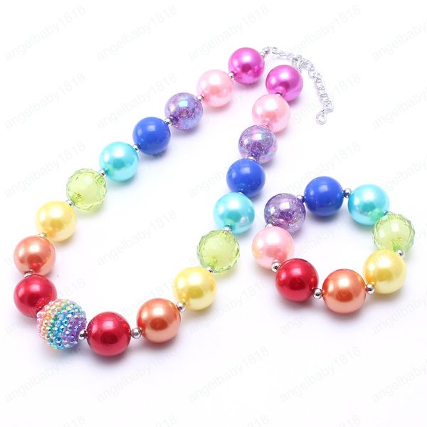 

rainbow color baby kid chunky beads necklace fashion children chunky necklace bracelet girl chunky jewelry set, Red;brown