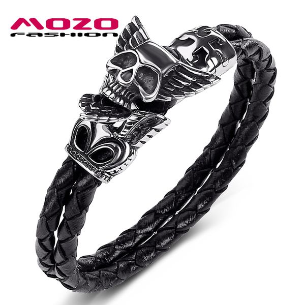 

black double layer leather bracelet fashion male jewelry stainless steel punk skulls bangle ps1025, Golden;silver
