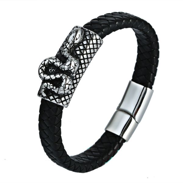 

new style stainless steel weaving leather bracelet retro animal titanium steel bracelets cool serpentine accessories leather bra, Silver