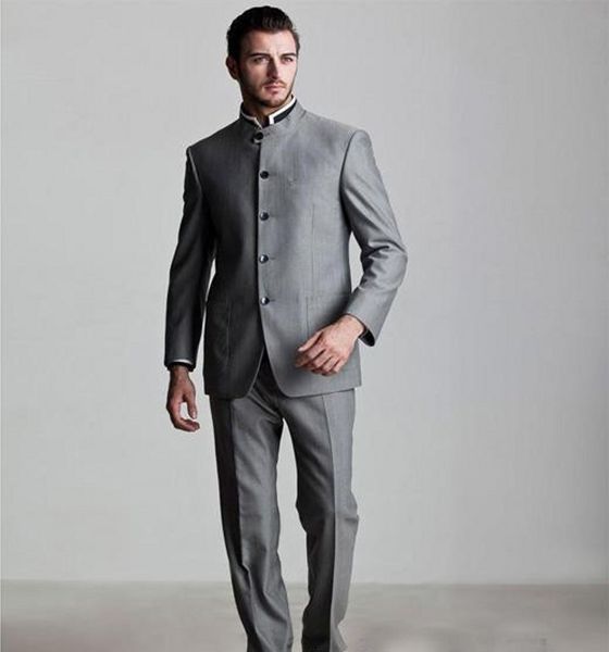 Мода Светло-Серый Жених Смокинги Отлично Мандарин Отворотом Slim Fit Groomsmen Blazer Мужчины Формальный Костюм Партия Выпускного Вечера Костюм (Куртка+Брюки+Галстук) 1280