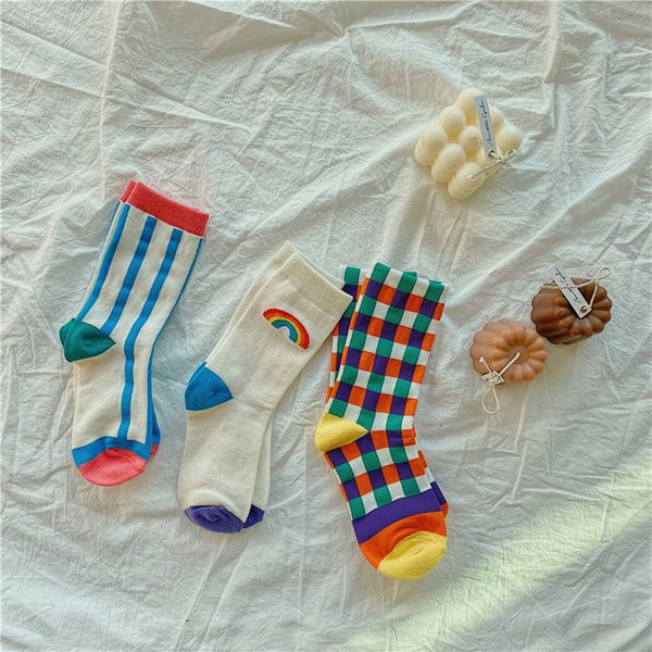 

kids korean toddler rainbow plaid stripe cotton socks for girl and boy, Pink;yellow