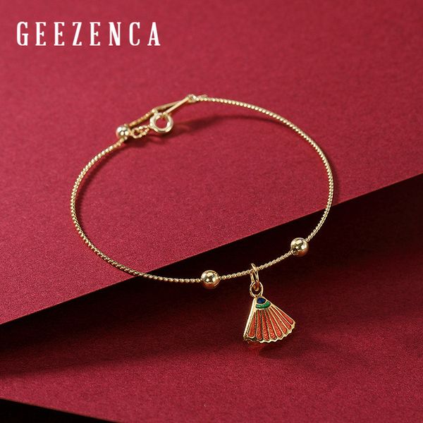 

vintage 925 sterling silver gold plated cloisonne fan shaped bracelet enamel charm bracelets bangles fine jewelry for women gift, Golden;silver