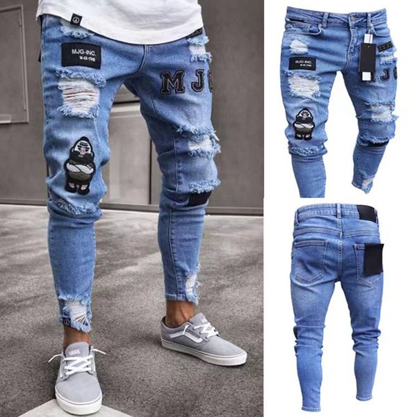 

men denim ripped hole jeans side high street jeans fashion hip hop skinny pencil for men stretch patchwork black, Blue