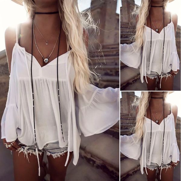 

new women summer blouses loose casual chiffon off shoulder blouse ladies women fashion new clothes, White