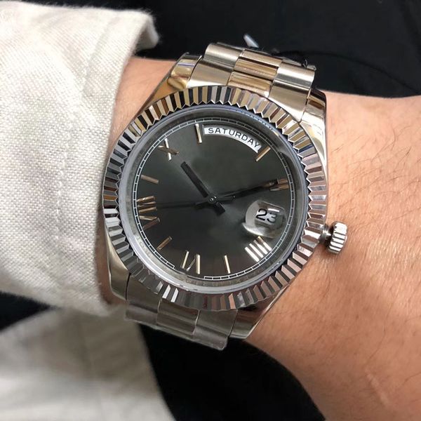 

41mm day date automatic 1646 movement watch men gray dial 316 stainless band male watch montre homme, Slivery;brown