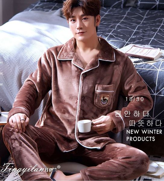 

men's pyjamas warm sleepwear winter men's pajama sets coral fleece pyjama suit sleep &lounge nightgown indoor clothing home wear h, Black;brown