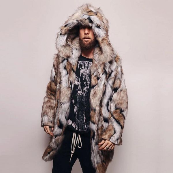 

fashion mens warm leopard thick hooded coat jacket faux fur outwear overcoat, Black