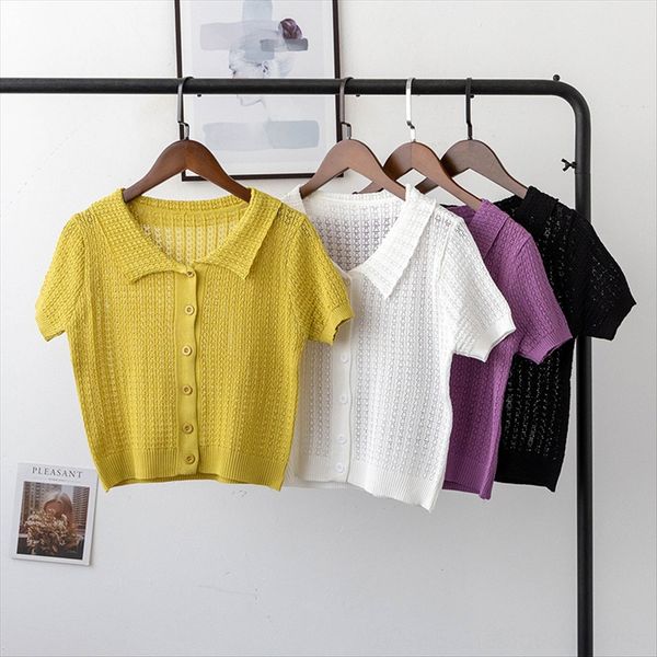 

bizheng] hipster hollowed-out thin knitted shirt women's 2020 slim polo collar short 3443 shirt jacket short jacket, White