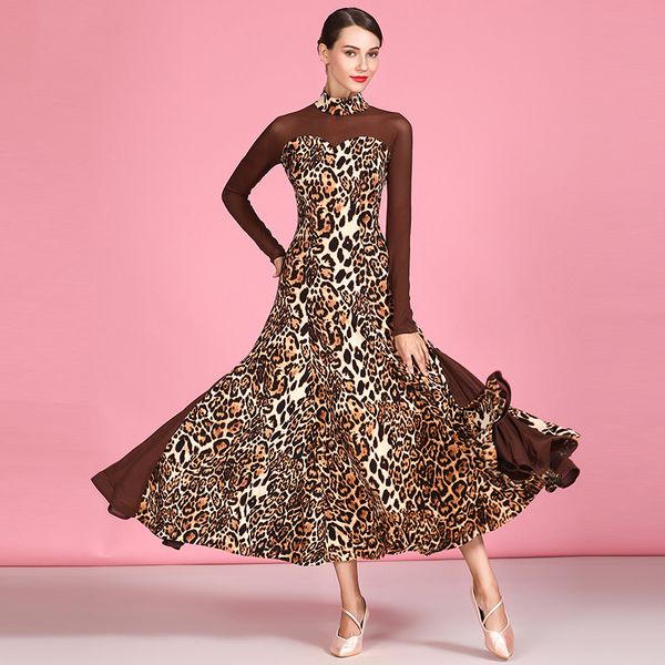 

woman ballroom dress nylon ice silk leopard print fabric waltz standard dance dresses ladies flamenco performance wear dn4441, Black;red