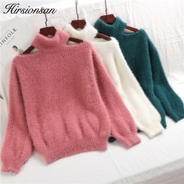 

hirsionsan sweater women 2019 winter autumn off shoulder mohair pullovers casual turtleneck mink cashmere warm pull femme, White;black