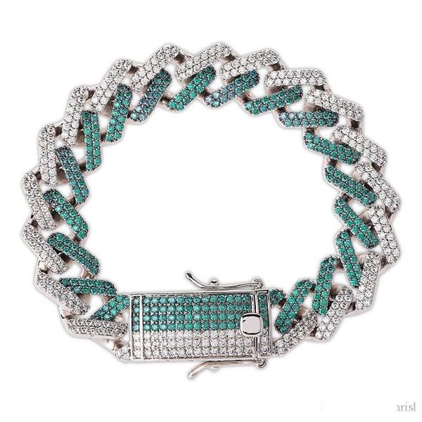 

14mm hip hop iced out cuban link bracelets gold silver cubic zircon thick heavy copper material cuban link bracelet 7"8, Black