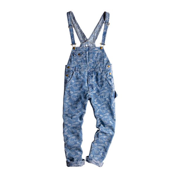 

moruancle fashion men's denim bib overalls hip hop floral jeans jumpsuits for male suspender pants size s-xxl, Blue