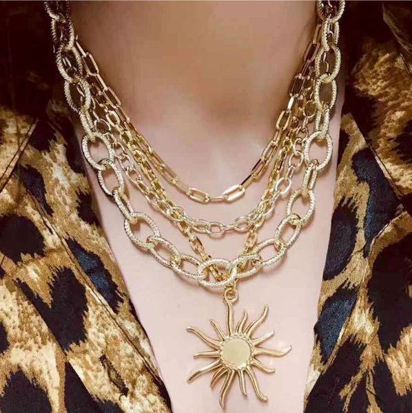 

gold link chain necklace punk multi-layer sunflower statement choker collar necklace for women collier femme fashion jewelry, Golden;silver