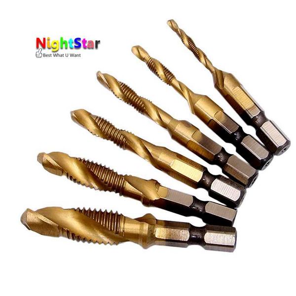 

6шт 1/4 " шестигранный хвостовик сверла и метчики резьба м3-м10 титановым покрытием краны деревообрабатывающие сверла ручной инструмент