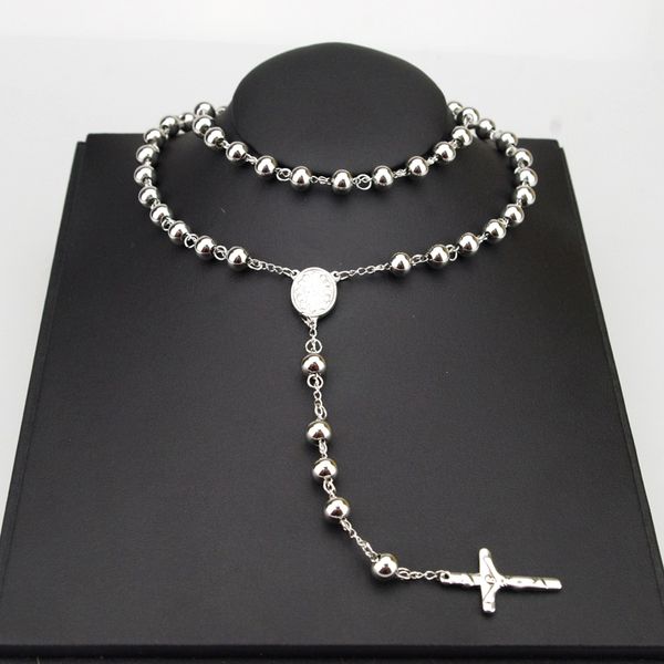 

amumiu 8mm classic silver rosary beads chain cross religious catholic stainless steel necklace women's men's wholesale hzn080
