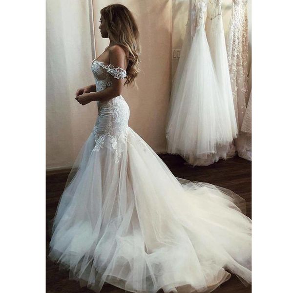 

robe de mariage backless off-shoulder appliques mermaid wedding dresses 2020 lace bride wedding gowns vestido de noiva, White