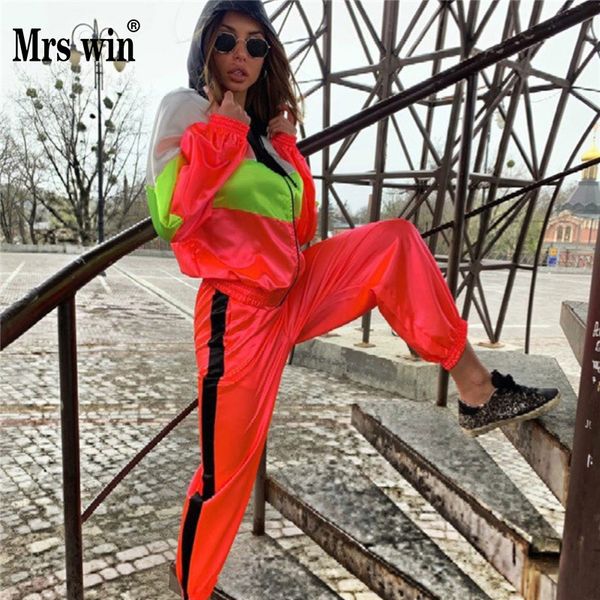 

women patchwork tracksuit zipper hooded long sleeve + casual pants two piece set street club playsuit, Black;blue