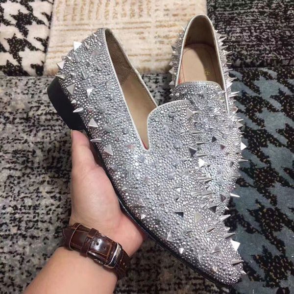 

gentleman rhinestone & spikes men s flat red bottom loafers men women black suede moccasin shoes evening party dress walking original box,eu, Red;white