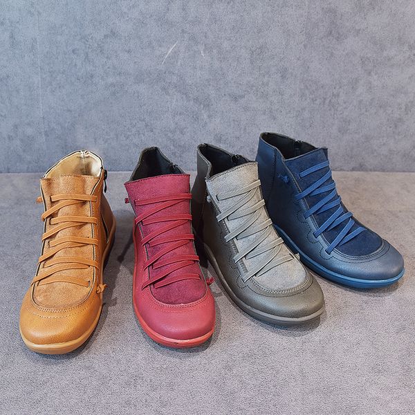 

women's pu leather ankle boots women autumn winter cross strappy vintage women punk boots flat ladies shoes woman botas mujer, Black