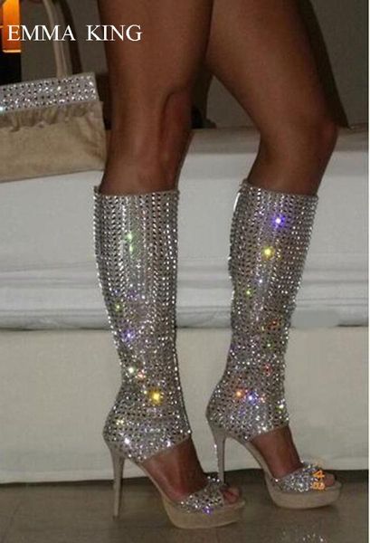 

luxurry bling rhinestone platform shoes woman gladiator sandals design cut-out open toe knee high boots shoes crystal high heels, Black
