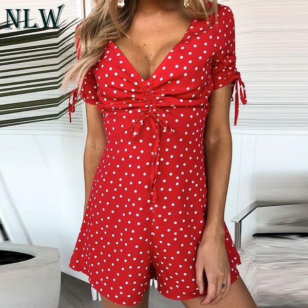 

nlw red polka dot summer women playsuit lace up short casual playsuit rompers 2019 club beach romper, Black;white