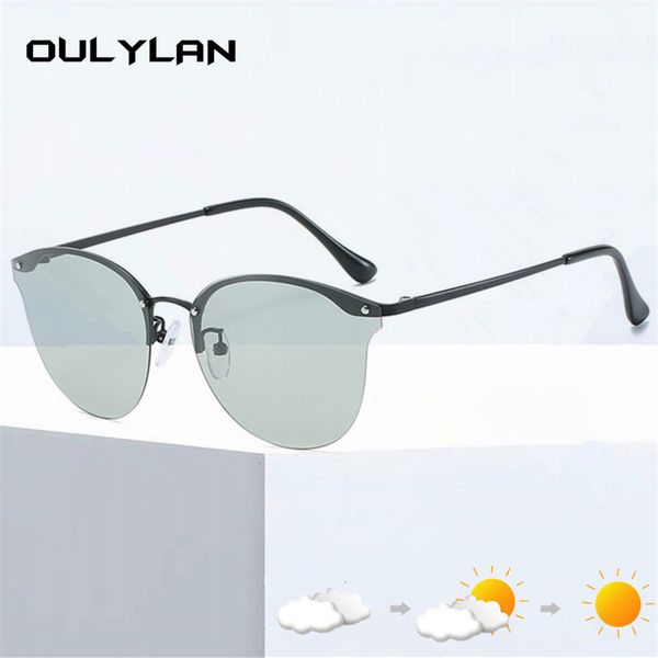 

oulylan metal cat eye sunglasses for women polarized pchromic driving sun glasses vintage chameleon discoloration goggles, White;black